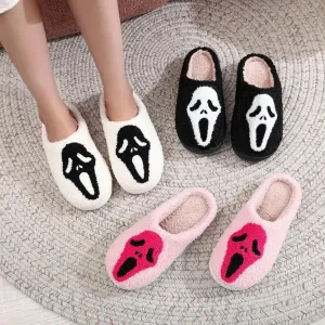Halloween Skull Scream Spooky Fuzzy Warm Slippers Ghost Face for Women and Men Holiday Season Indoor Bedroom Shoes