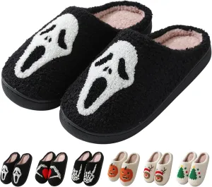 Halloween Slippers for Women Men, Soft Plush Fuzzy Winter holiday slippers, Retro Cozy House Slippers, Comfy Bedroom Christmas Slippers Indoor Outdoor Shoes