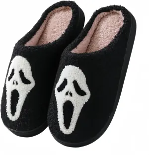 Halloween Slippers for Women Retro Soft Cozy Comfy Plush Lightweight Ghost Face Slip-on Indoor Outdoor Scream Slip on Anti-Skid Sole Christmas House Shoes