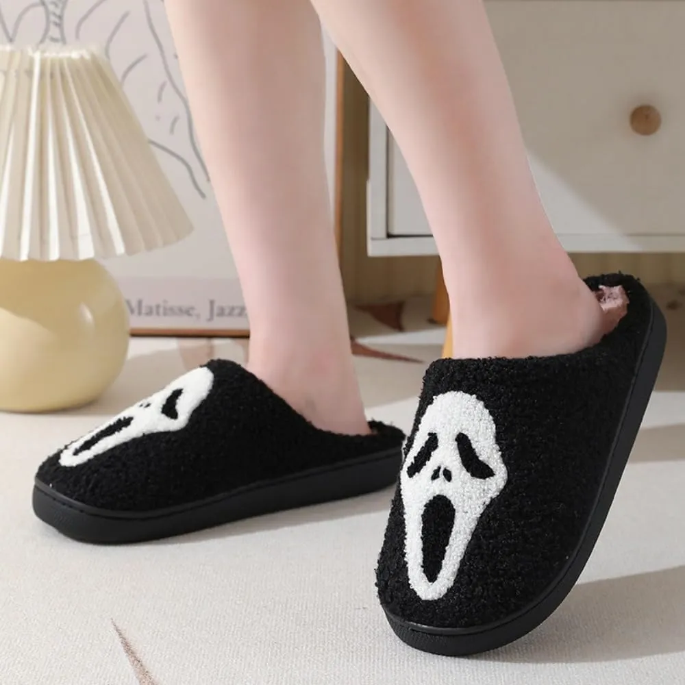 Halloween Slippers for Women Retro Soft Cozy Comfy Plush Lightweight Ghost Face Slip-on Indoor Outdoor Scream Slip on Anti-Skid Sole Christmas House Shoes