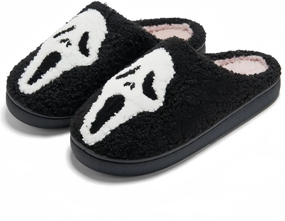 Halloween Slippers for Women Retro Soft Cozy Comfy Plush Lightweight Ghost Face Slip-on Indoor Outdoor Scream Slip on Anti-Skid Sole Christmas House Shoes