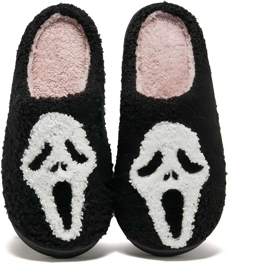 Halloween Slippers for Women Retro Soft Cozy Comfy Plush Lightweight Ghost Face Slip-on Indoor Outdoor Scream Slip on Anti-Skid Sole Christmas House Shoes