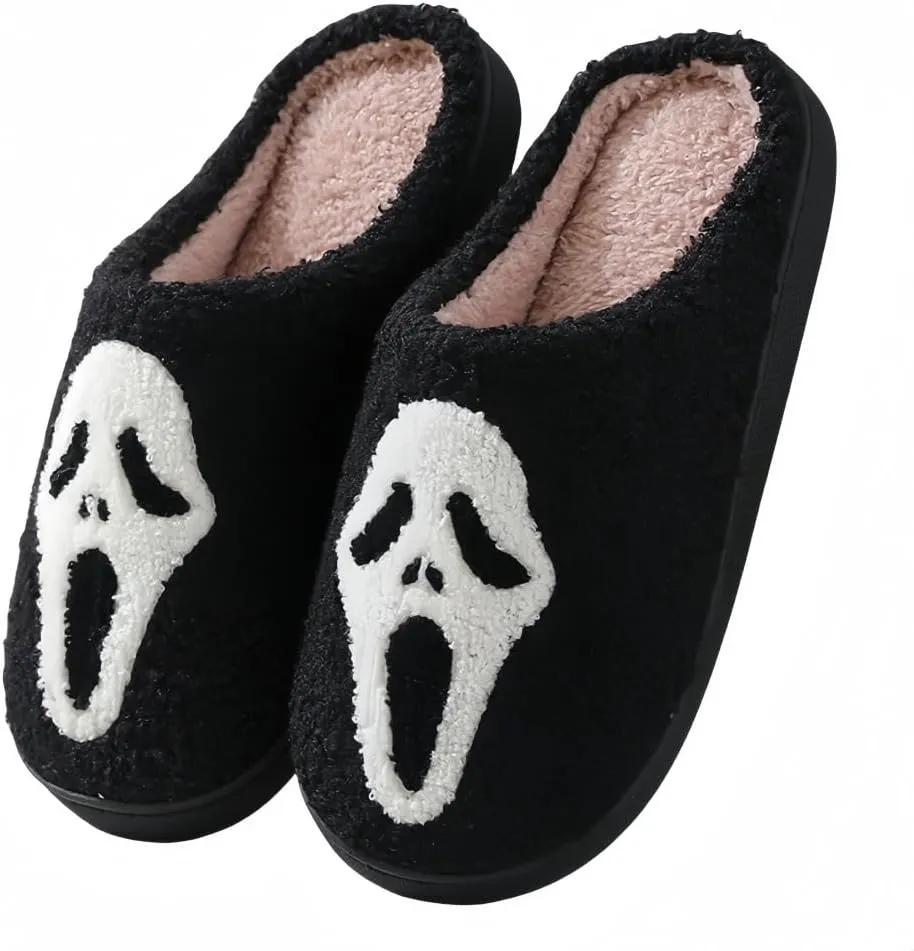 Halloween Slippers for Women Retro Soft Cozy Comfy Plush Lightweight Ghost Face Slip-on Indoor Outdoor Scream Slip on Anti-Skid Sole Christmas House Shoes