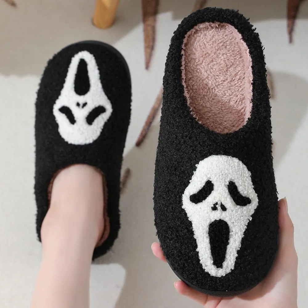 Halloween Slippers for Women Retro Soft Cozy Comfy Plush Lightweight Ghost Face Slip-on Indoor Outdoor Scream Slip on Anti-Skid Sole Christmas House Shoes