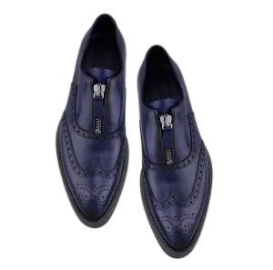 Handcrafted Men Blue Color Genuine Leather Wing Tip Rounded Toe Stylish Shoes