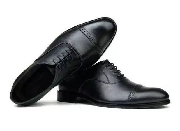 Handmade men black leather formal dress shoes, oxford lace up dress