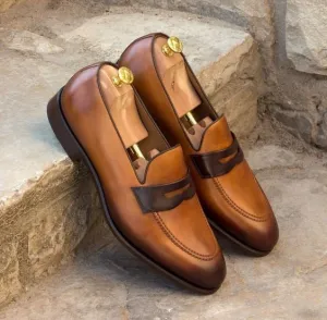 Handmade Men Tan Color Moccasin Loafer Slip Ons Premium Leather Brown Sole Shoes