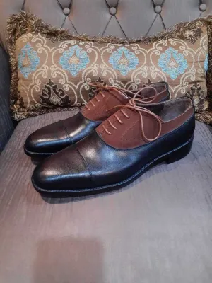 Handmade Men's Black Leather Brown Suede Cap Toe Lace Up Oxford Dress Shoes