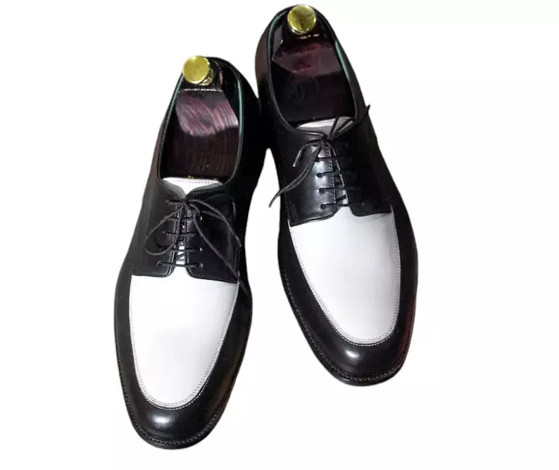 Handmade Mens Two Tone Black & White Leather Lace Up Dress-Formal Shoes