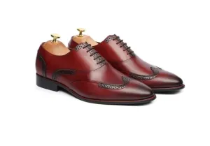 Handmade Red Leather Brogue Derby Shoes for Men