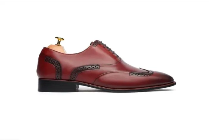 Handmade Red Leather Brogue Derby Shoes for Men