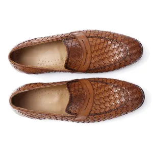 Handmade Tan Woven Chitai Mat Leather Moccasin Shoes