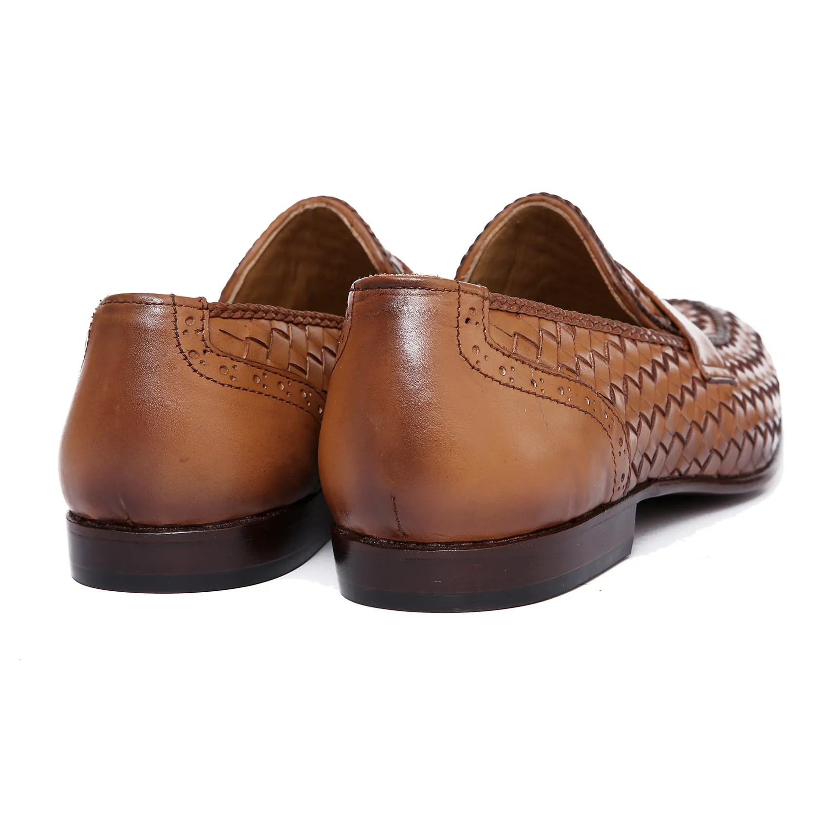 Handmade Tan Woven Chitai Mat Leather Moccasin Shoes