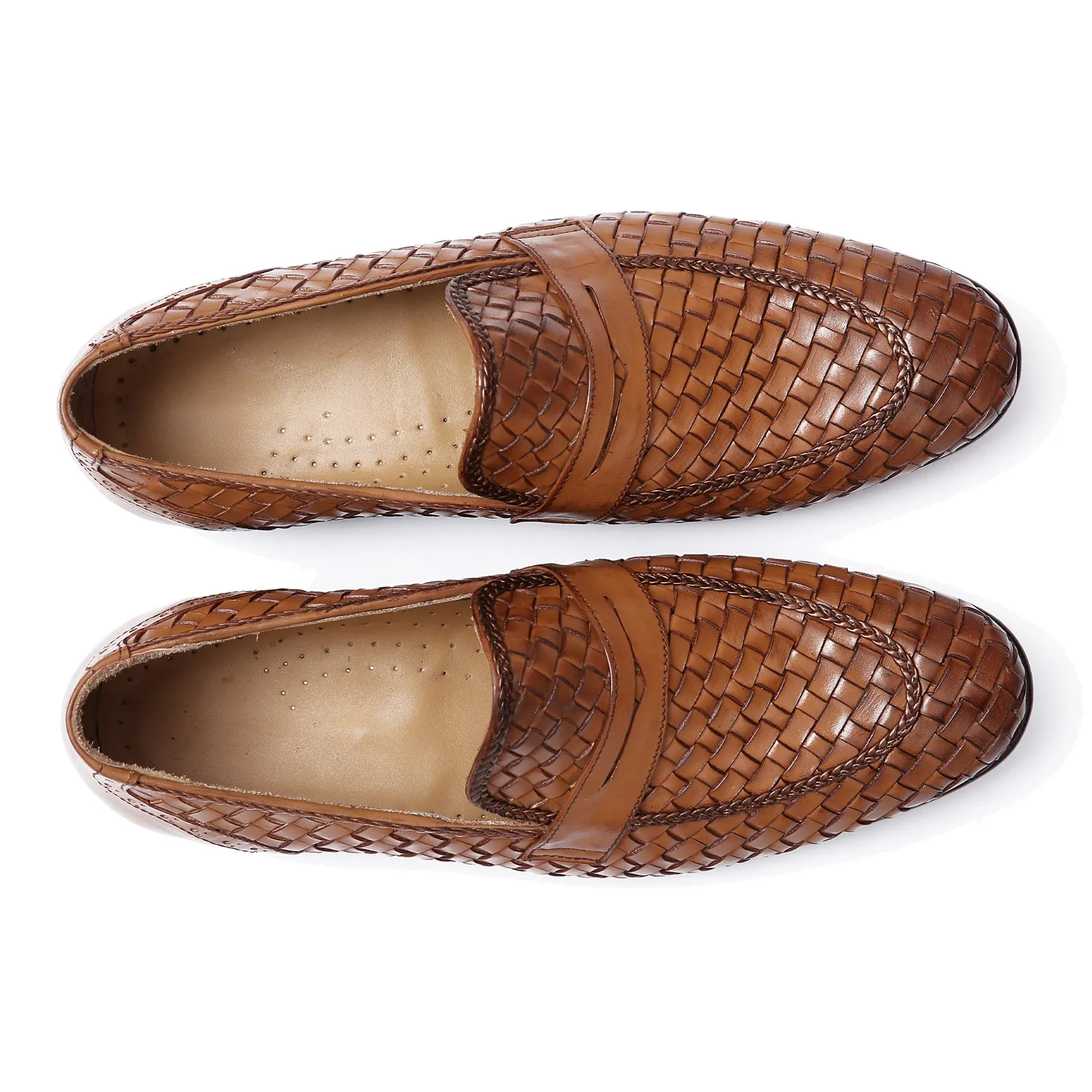 Handmade Tan Woven Chitai Mat Leather Moccasin Shoes