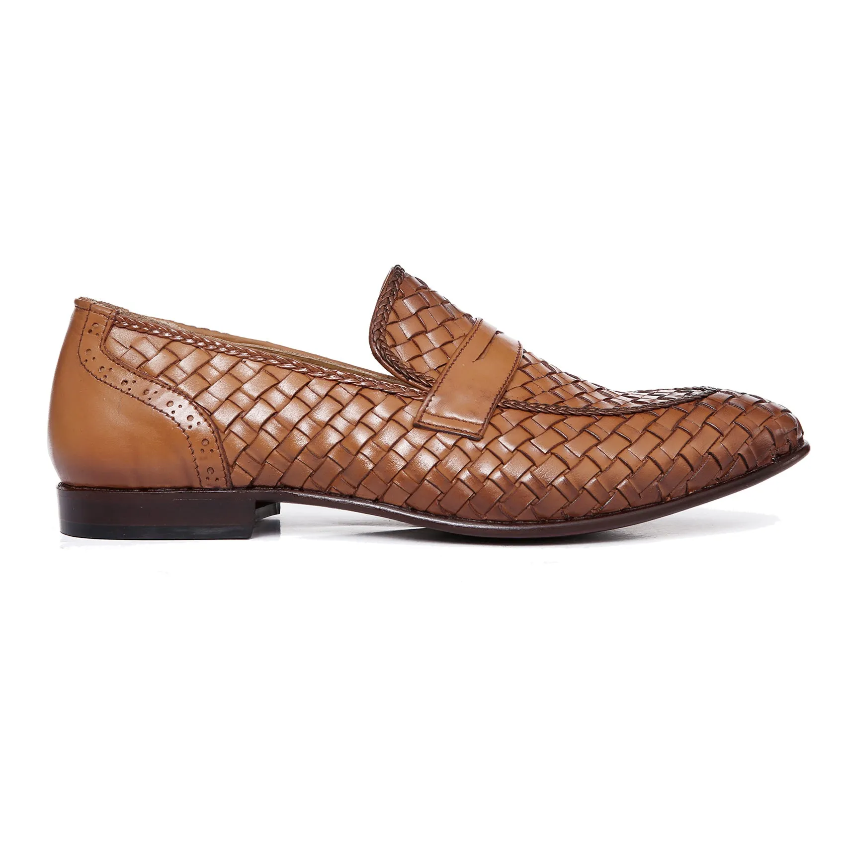 Handmade Tan Woven Chitai Mat Leather Moccasin Shoes