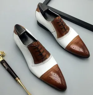 Handmade Two Tone Leather Formal Shoes, Pointed Toe Spectator Style