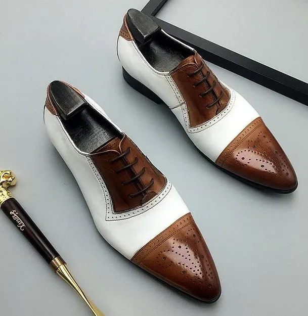 Handmade Two Tone Leather Formal Shoes, Pointed Toe Spectator Style