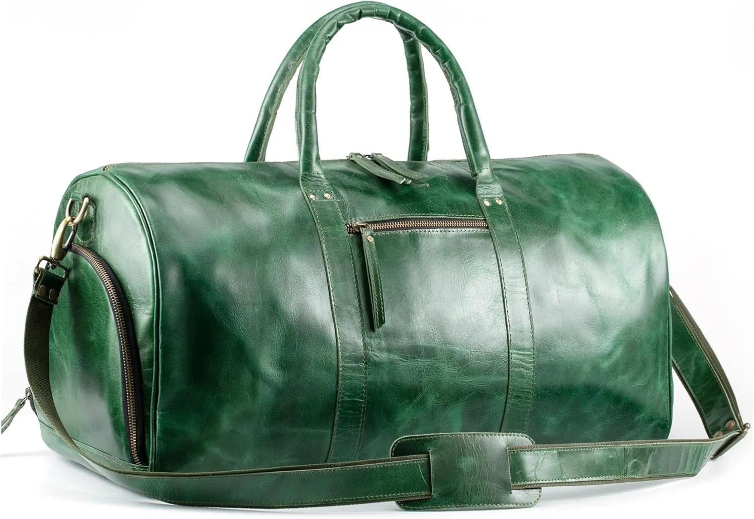 Handmade World Full Grain Buffalo Leather Travel Weekender Overnight Duffel Bag Gym Sports Luggage Tote Duffle Bags with Shoes Compartment for Men Women (Green)
