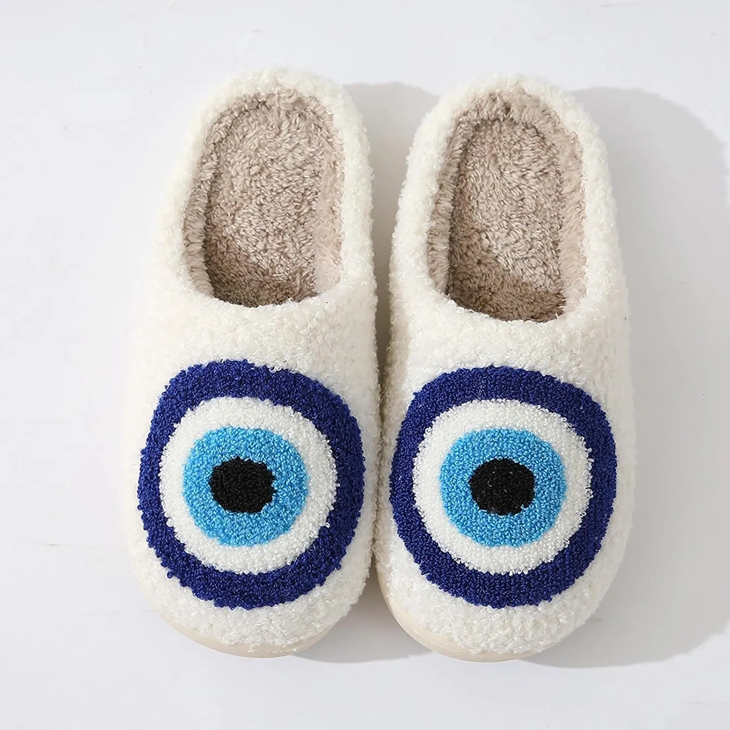 Happy Smile Face Slippers with Evil Eyes, Strawberry Heart, Cute Cartoon Design - Soft Plush Cozy House Slippers for Women - Indoor/Outdoor