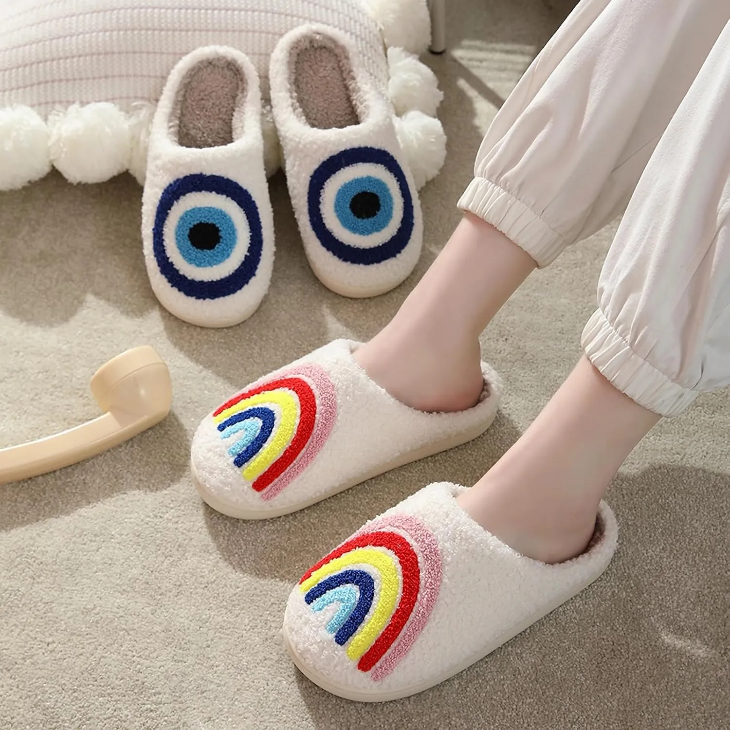 Happy Smile Face Slippers with Evil Eyes, Strawberry Heart, Cute Cartoon Design - Soft Plush Cozy House Slippers for Women - Indoor/Outdoor