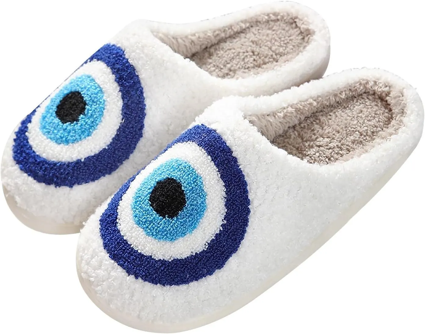 Happy Smile Face Slippers with Evil Eyes, Strawberry Heart, Cute Cartoon Design - Soft Plush Cozy House Slippers for Women - Indoor/Outdoor