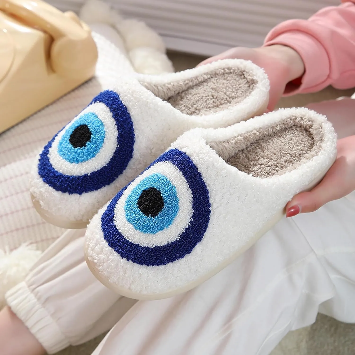 Happy Smile Face Slippers with Evil Eyes, Strawberry Heart, Cute Cartoon Design - Soft Plush Cozy House Slippers for Women - Indoor/Outdoor