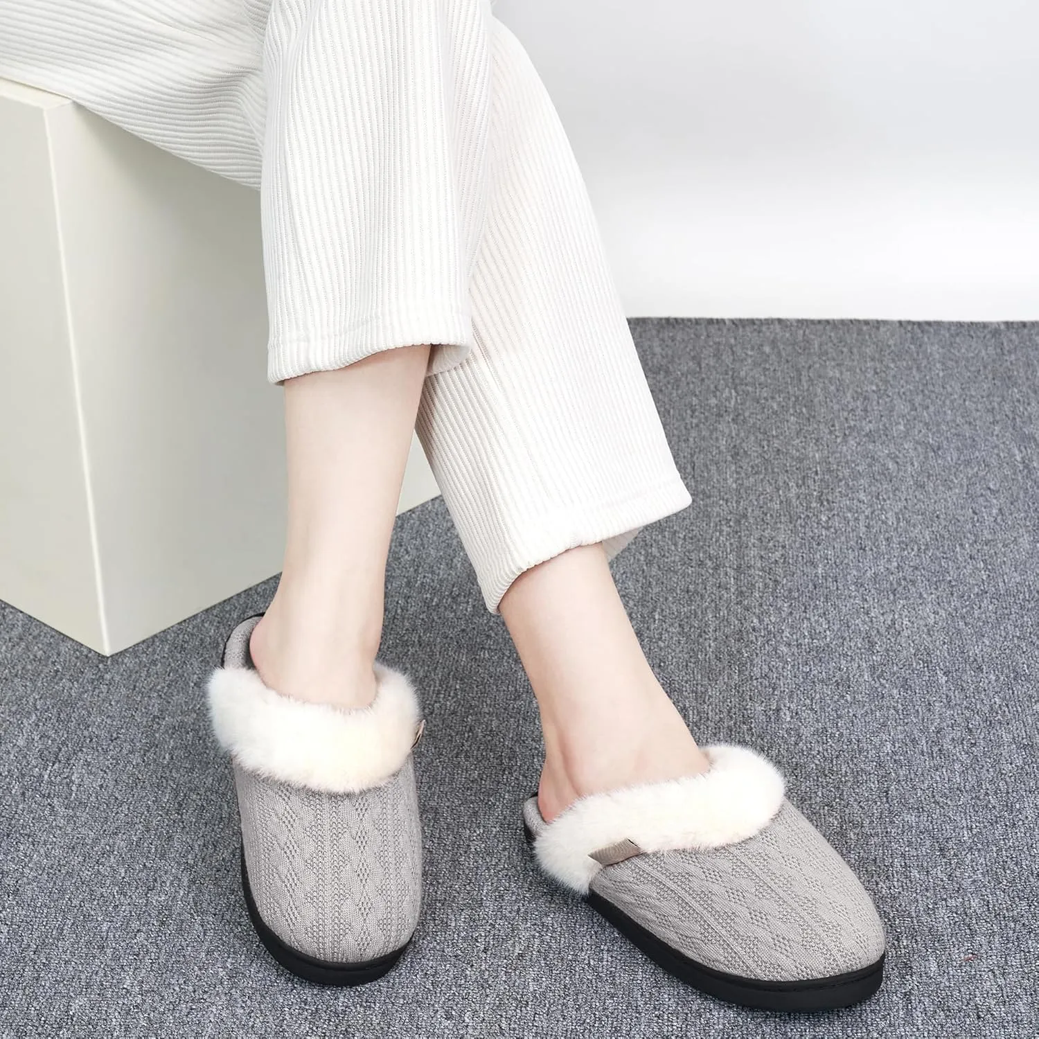 HARENCE Slippers for Women House Shoes: Warm Knit Comfy Fleece Lined Memory Foam Indoor Outdoor Soles