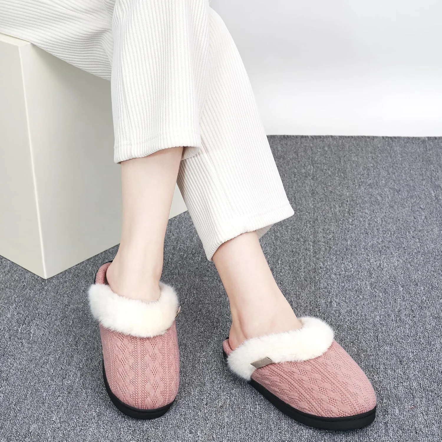 HARENCE Slippers for Women House Shoes: Warm Knit Comfy Fleece Lined Memory Foam Indoor Outdoor Soles