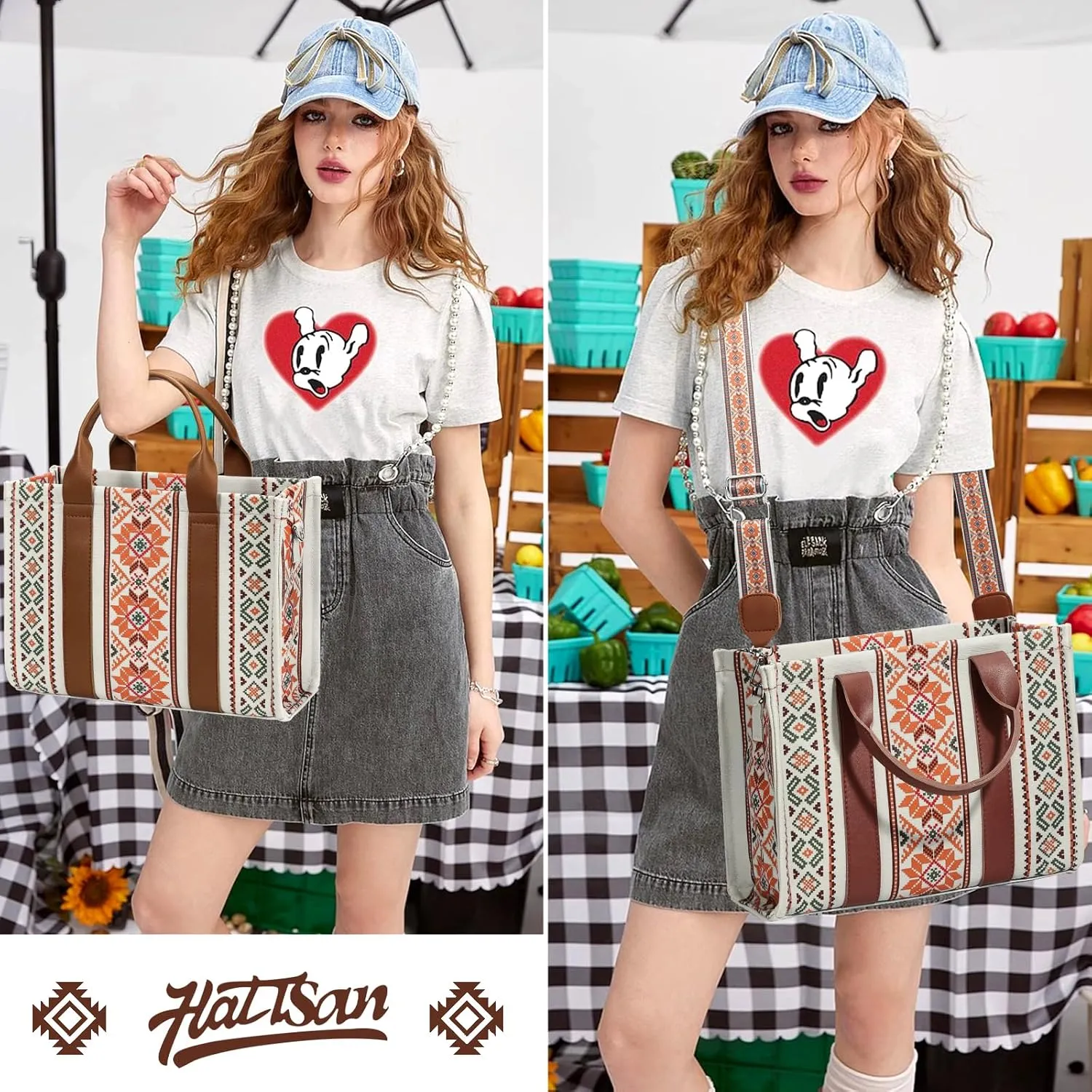 hatisan Canvas Tote Bag for Women Western Purses Shoulder Boho Bag Crossbody Bag Handbags Wallet