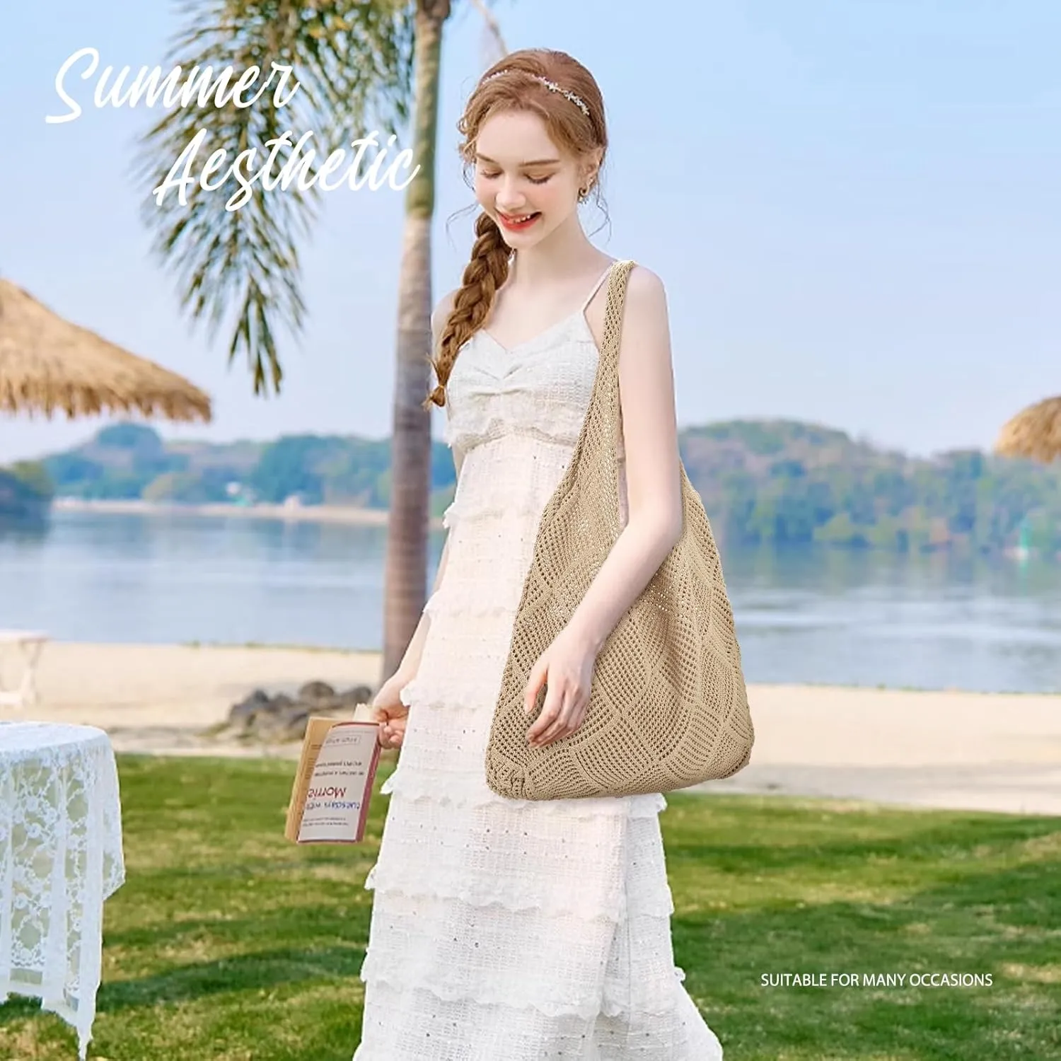hatisan Crochet Bags for Women - Summer Beach Tote, Aesthetic Hippie Knit Bag