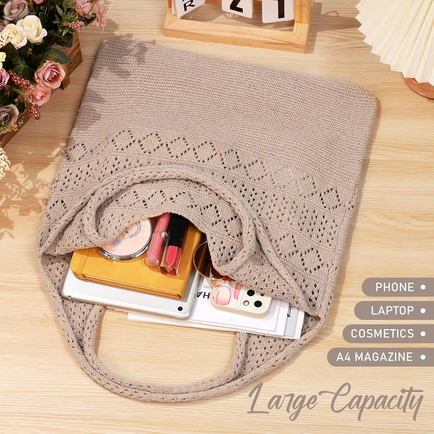 hatisan Crochet Bags for Women - Summer Beach Tote, Aesthetic Hippie Knit Bag