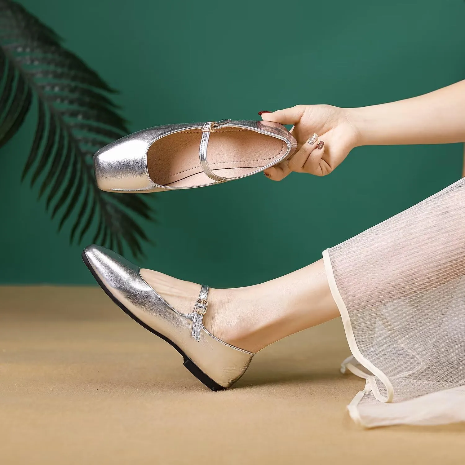Hee grand Leather Mary Jane Shoes for Women Dressy Square Toe Ballet Flats with Strap Comfortable Walking Shoes Soft Leather Dress Shoes