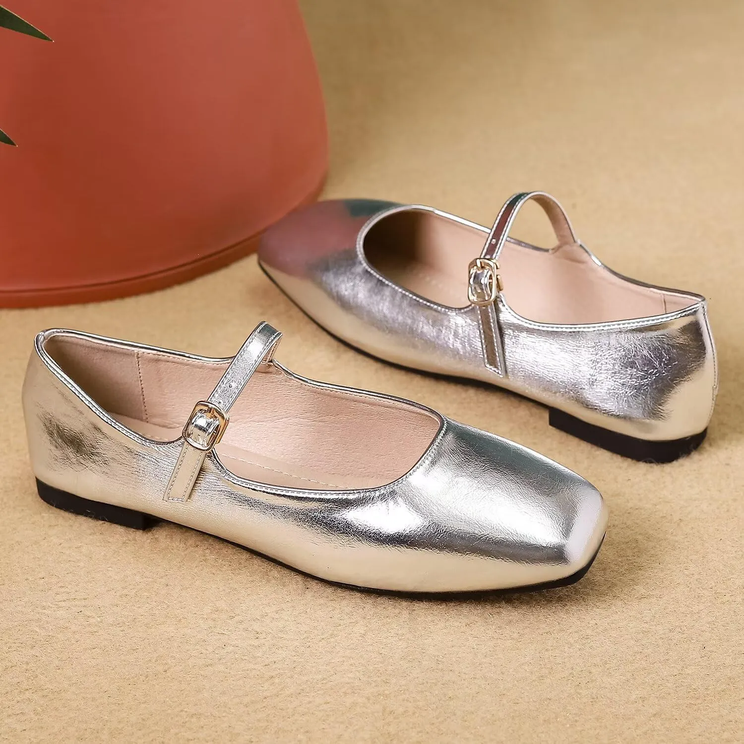 Hee grand Leather Mary Jane Shoes for Women Dressy Square Toe Ballet Flats with Strap Comfortable Walking Shoes Soft Leather Dress Shoes