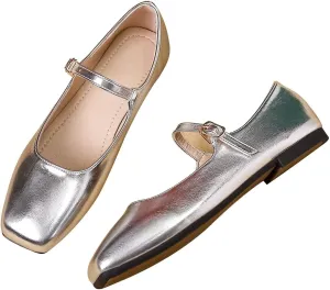 Hee grand Leather Mary Jane Shoes for Women Dressy Square Toe Ballet Flats with Strap Comfortable Walking Shoes Soft Leather Dress Shoes