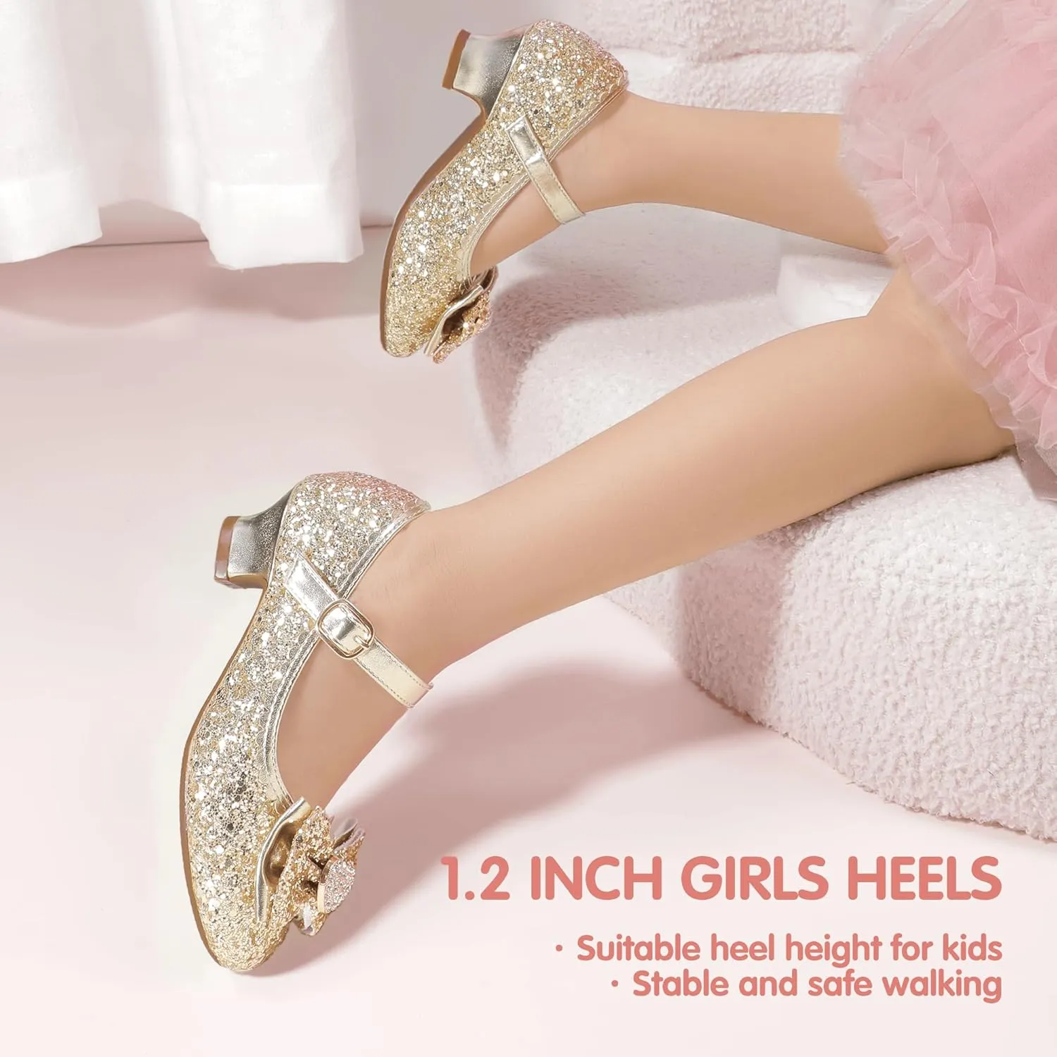 Hehainom Girls Dress Shoes Low Heels Mary Jane Flower Girl Wedding Party Communion Toddler Kids Heels