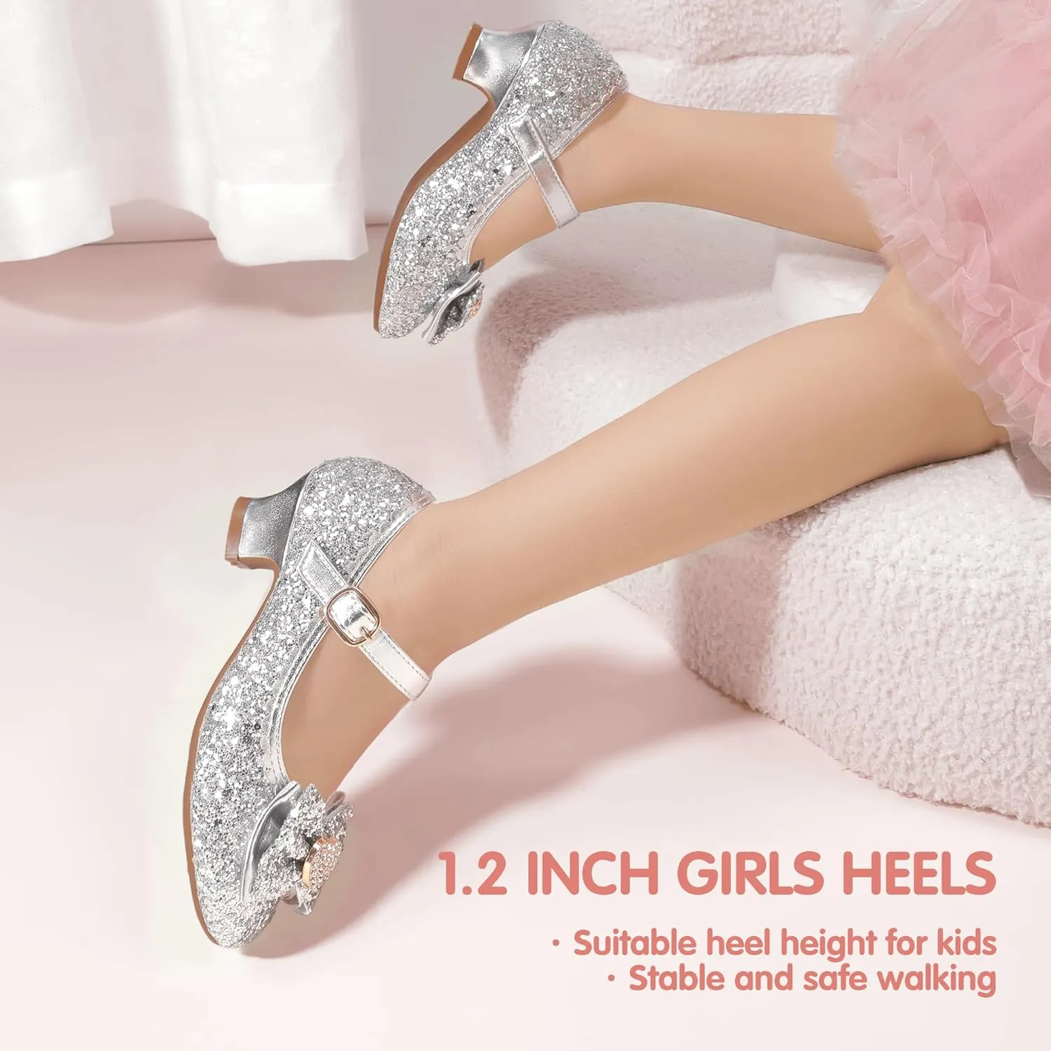 Hehainom Girls Dress Shoes Low Heels Mary Jane Flower Girl Wedding Party Communion Toddler Kids Heels