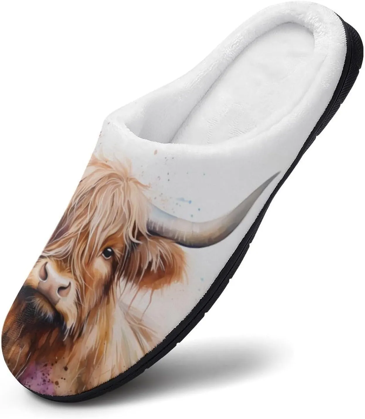 Highland Cow Watercolour Soft Warm Cotton Slippers for Women Flannel Home Shoes House Shoes Non-Slip Washable