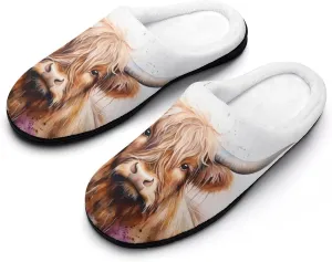 Highland Cow Watercolour Soft Warm Cotton Slippers for Women Flannel Home Shoes House Shoes Non-Slip Washable