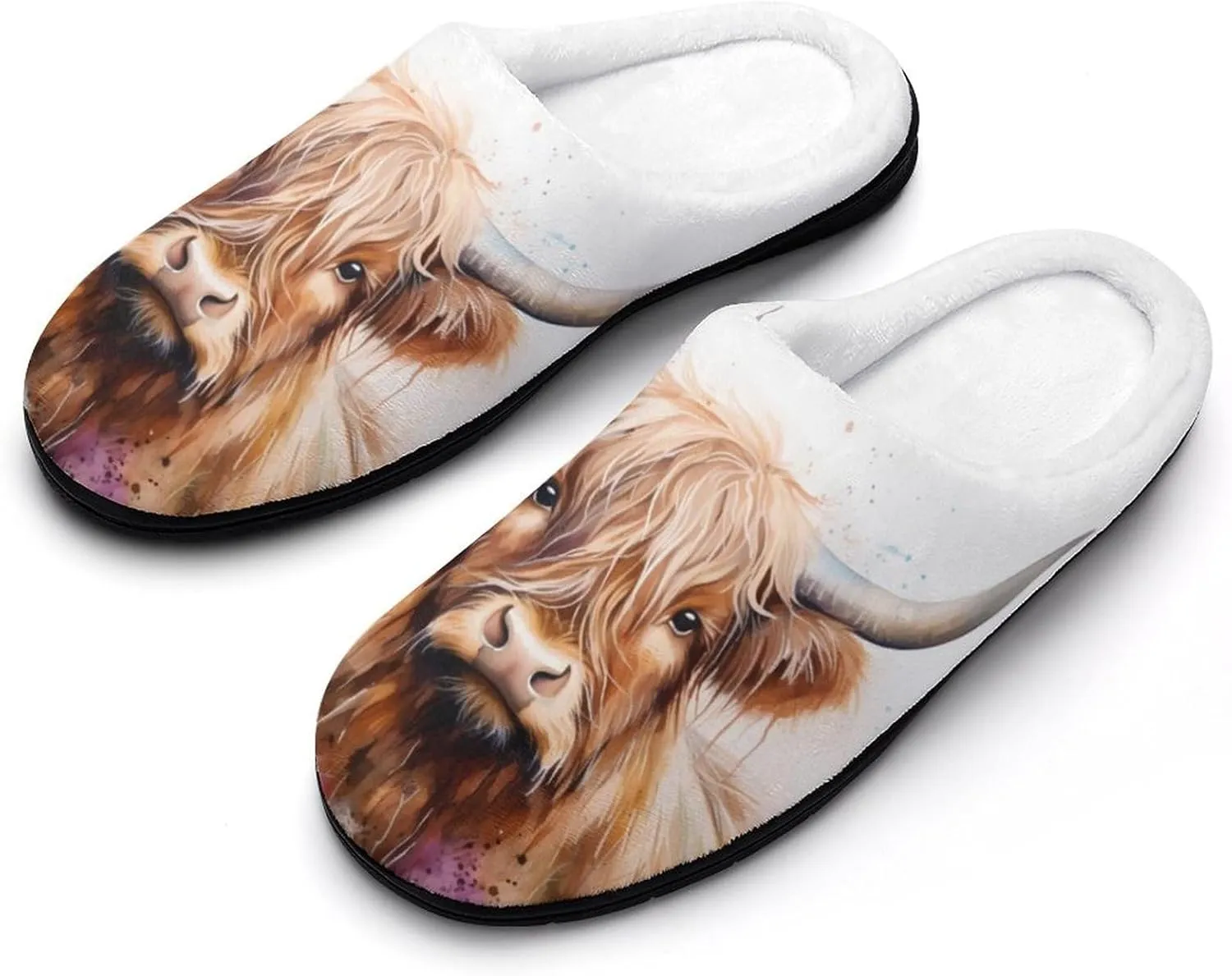 Highland Cow Watercolour Soft Warm Cotton Slippers for Women Flannel Home Shoes House Shoes Non-Slip Washable
