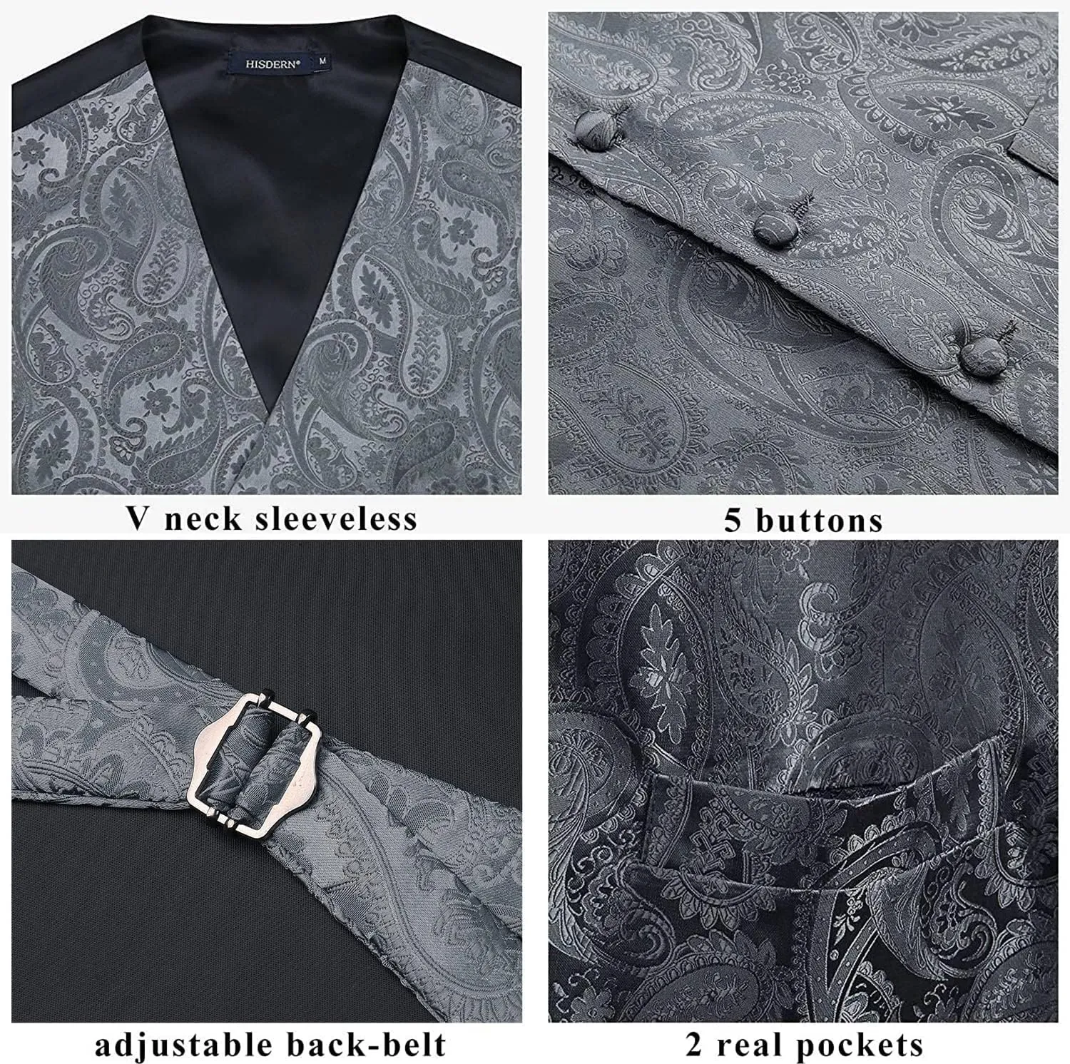 HISDERN Men's Vest Tie Set Paisley Floral Jacquard Necktie Pocket Square 3PCS Waistcoat for Suit or Tuxedo Wedding Party