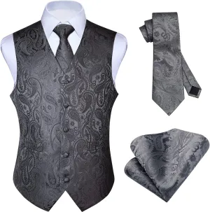 HISDERN Men's Vest Tie Set Paisley Floral Jacquard Necktie Pocket Square 3PCS Waistcoat for Suit or Tuxedo Wedding Party