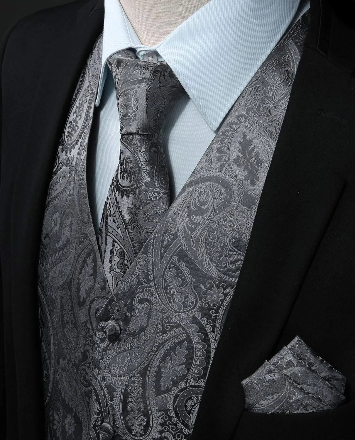 HISDERN Men's Vest Tie Set Paisley Floral Jacquard Necktie Pocket Square 3PCS Waistcoat for Suit or Tuxedo Wedding Party