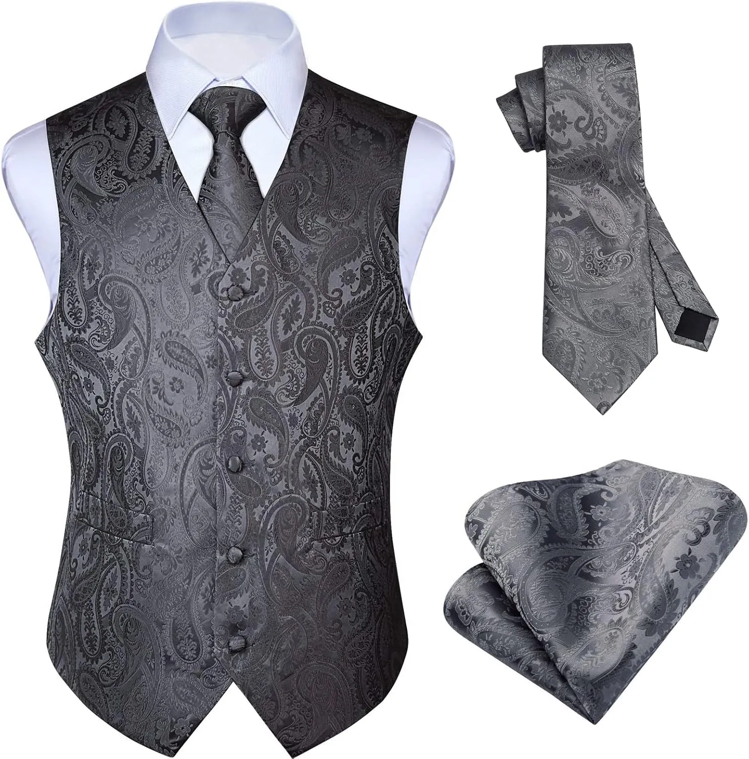 HISDERN Men's Vest Tie Set Paisley Floral Jacquard Necktie Pocket Square 3PCS Waistcoat for Suit or Tuxedo Wedding Party