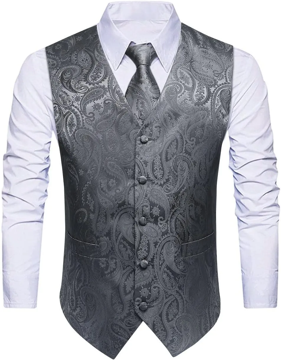 HISDERN Men's Vest Tie Set Paisley Floral Jacquard Necktie Pocket Square 3PCS Waistcoat for Suit or Tuxedo Wedding Party