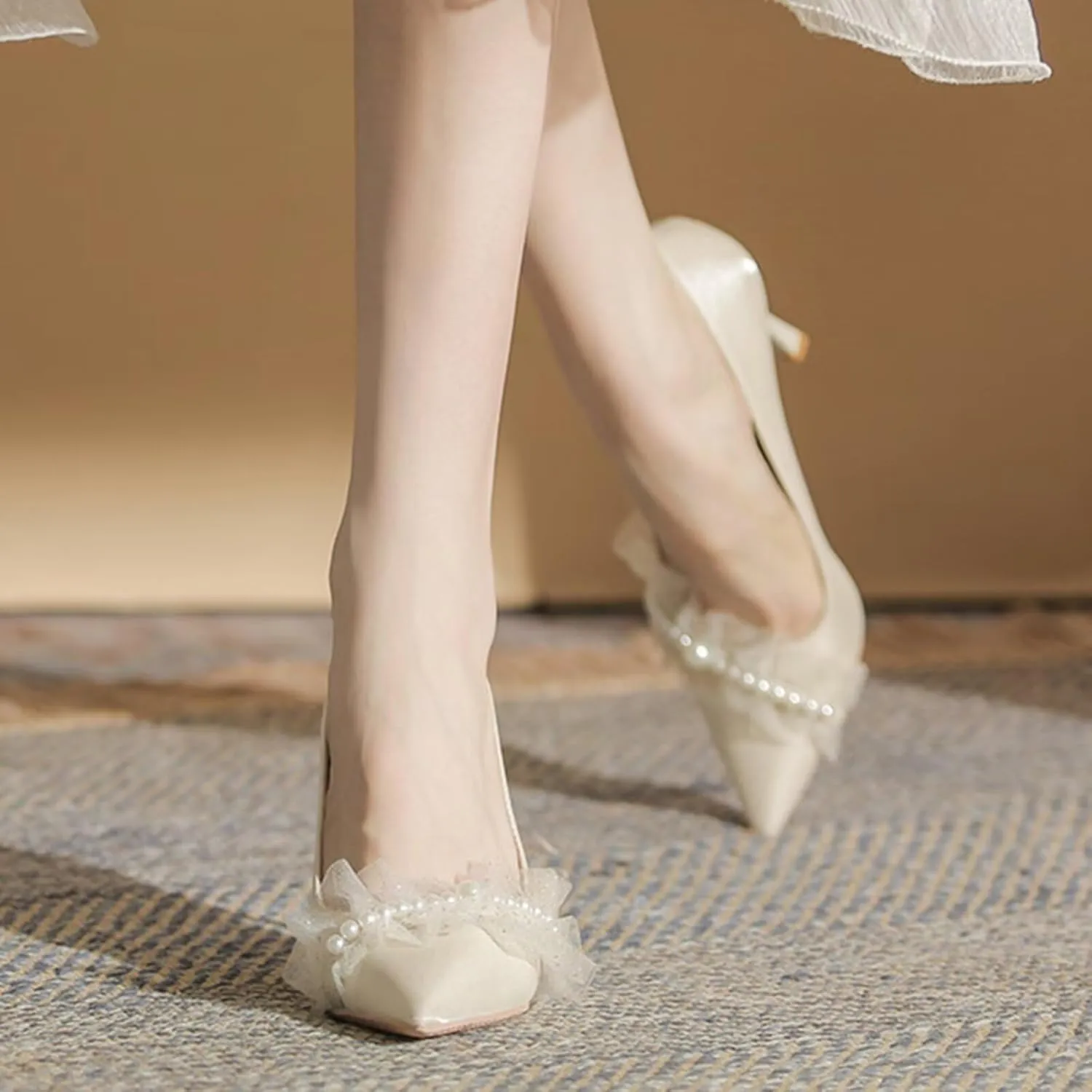 HNVAVQ Stiletto Heel Pumps for Women Pointed Toe Wedding Dress Shoes Pearls Sexy High Heels Slip On Prom Evening Party Court Shoes Ladies,1.97/2.75/3.55inches