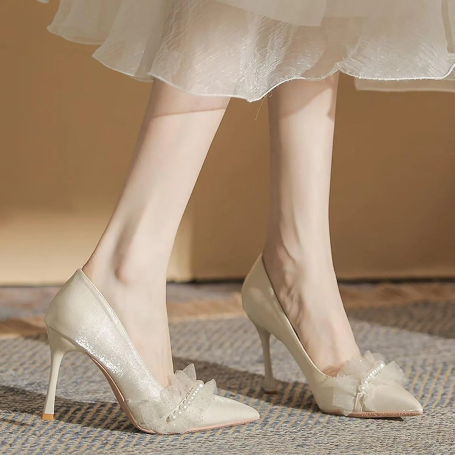 HNVAVQ Stiletto Heel Pumps for Women Pointed Toe Wedding Dress Shoes Pearls Sexy High Heels Slip On Prom Evening Party Court Shoes Ladies,1.97/2.75/3.55inches