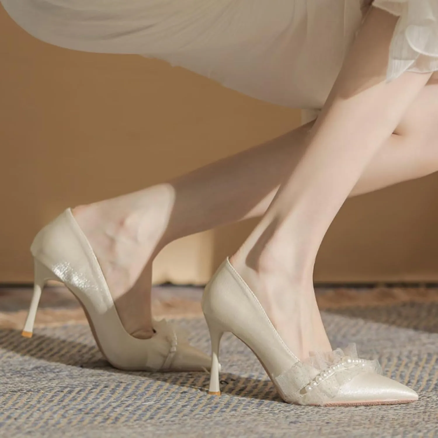 HNVAVQ Stiletto Heel Pumps for Women Pointed Toe Wedding Dress Shoes Pearls Sexy High Heels Slip On Prom Evening Party Court Shoes Ladies,1.97/2.75/3.55inches