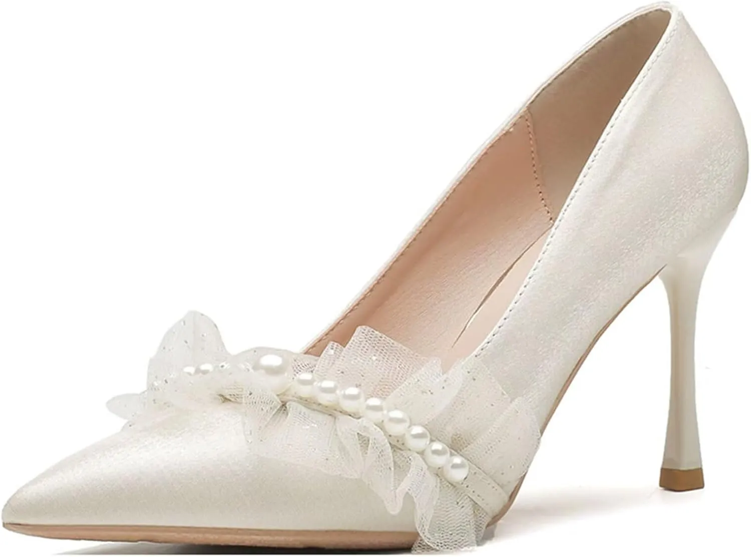 HNVAVQ Stiletto Heel Pumps for Women Pointed Toe Wedding Dress Shoes Pearls Sexy High Heels Slip On Prom Evening Party Court Shoes Ladies,1.97/2.75/3.55inches