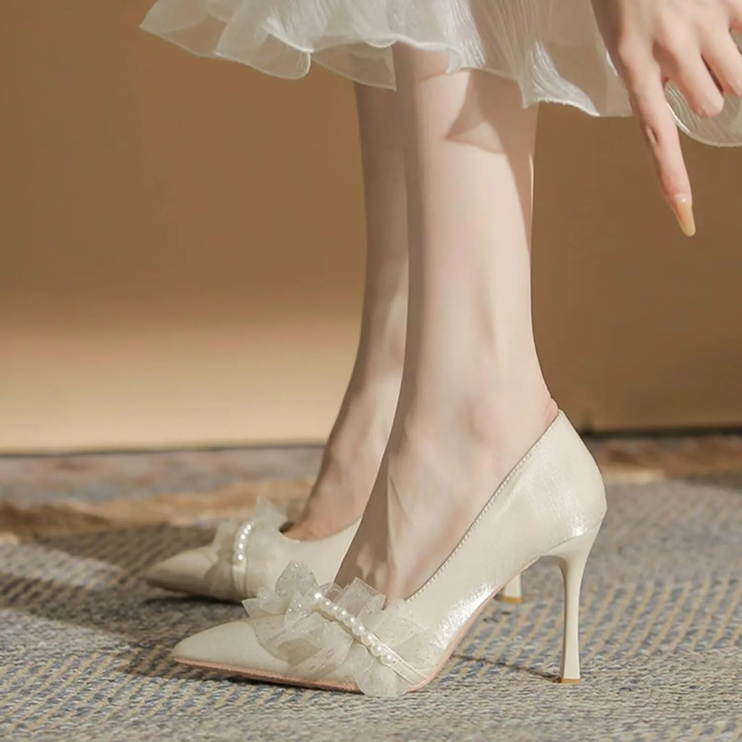 HNVAVQ Stiletto Heel Pumps for Women Pointed Toe Wedding Dress Shoes Pearls Sexy High Heels Slip On Prom Evening Party Court Shoes Ladies,1.97/2.75/3.55inches