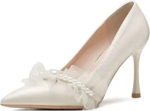 HNVAVQ Stiletto Heel Pumps for Women Pointed Toe Wedding Dress Shoes Pearls Sexy High Heels Slip On Prom Evening Party Court Shoes Ladies,1.97/2.75/3.55inches